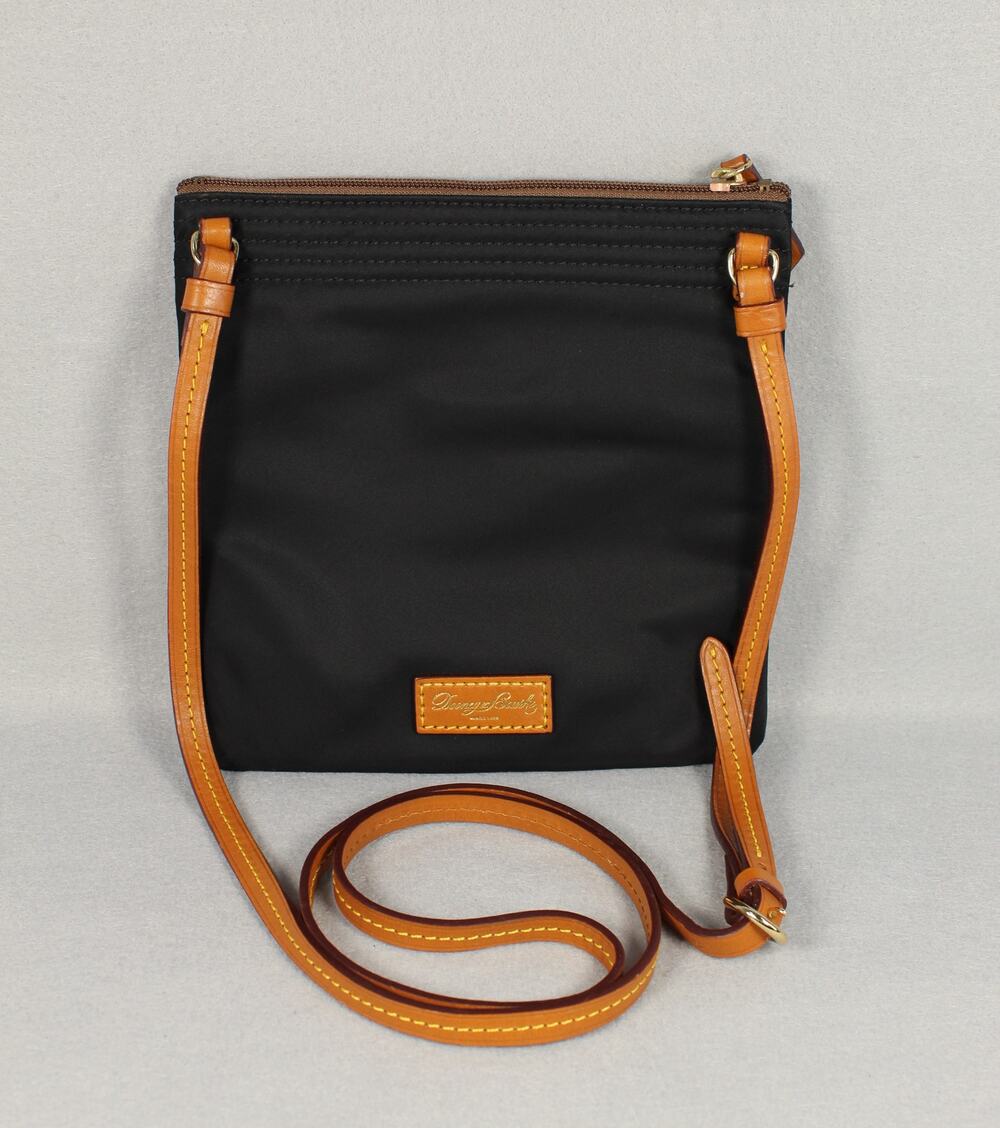 Dooney & Boorke North South Triple Zip Crossbody Bag Black Nylon Tan Leather
